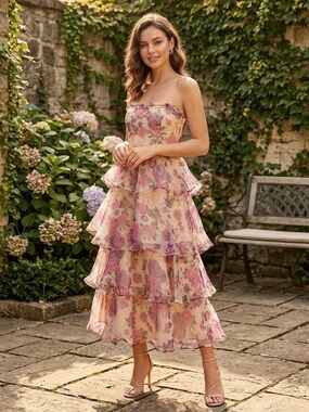 Wedding Guest Dress B.RIGHT Floral Tiered Ruffle Strapless Maxi Dress - Size S